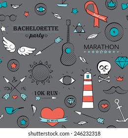 Vector illustration of doodle hipster seamless pattern. Hand drawn background over brown.