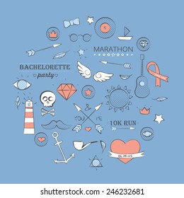 Vector illustration of doodle hipster set over blue. Hand drawn background.