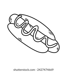 Vektor-Illustration Doodle von Hot Dog mit Senf. Ungesundes Essen, gezogener Hot Dog.  Dekoration für Menüs, Schilder, Vitrinen, Grußkarten, Poster, Tapeten.