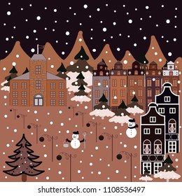 Vector illustration. Doodle houses vector background. Nice buildings on brown, gray and beige colors.