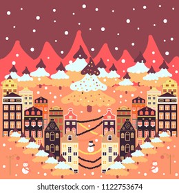 Vector illustration. Doodle houses vector background. Nice buildings on pink, red, beige and purple colors.