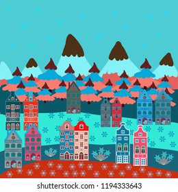 Vector illustration. Doodle houses vector background. Nice buildings on blue, pink and orange colors.