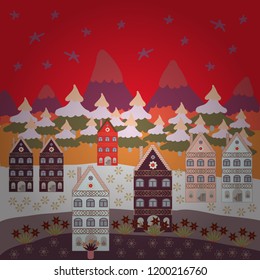 Vector illustration. Doodle houses vector background. Nice buildings on red, brown and neutral colors.