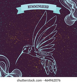 Vector illustration of doodle Hummingbird with colored abstract smoke. Isolated hand drawn ink sketch in line art graphic style. Engraved on vintage background. Design for advertisement, brochure