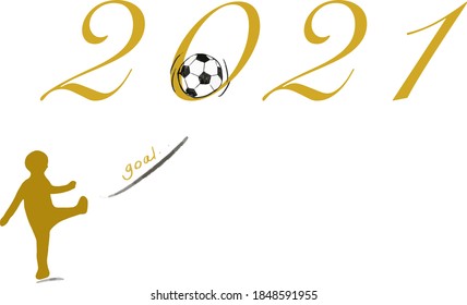 Vector Illustration doodle isolated white background. Shadow of golden yellow boy shows the gesture of shooting a soccer ball with a black line drawing, a symbol of encouragement to targeted in 2021.