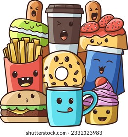 Vector illustration of doodle kawaii food and drink.