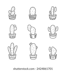 Vector illustration of doodle line cactus in pot