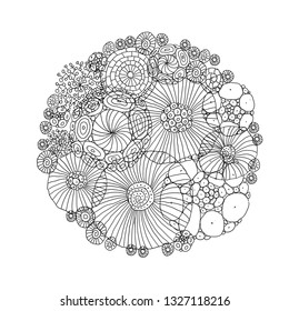 Vector illustration. Doodle linear flowers. Hand drawing simple sketches.
Page of the anti-stress coloring book.