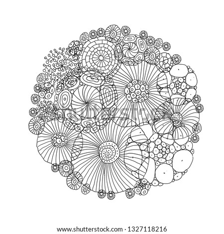 Vector illustration. Doodle linear flowers. Hand drawing simple sketches.
Page of the anti-stress coloring book.