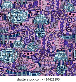Vector illustration doodle marine life. The illustration shows the fish, octopus, jellyfish and sea snails