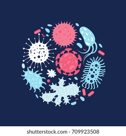 Vector illustration of doodle microbes. Drawing bacteria virus and bacteria infection
