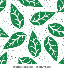 Vector illustration of doodle monochrome dotted green leaves seamless pattern. Floral organic background. For textiles, wallpaper and packaging. Transparent background