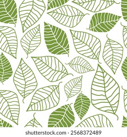 Vector illustration of doodle monochrome green leaves seamless pattern. Floral organic background. For textiles, wallpaper and packaging. Transparent background