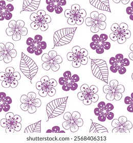 Vector illustration of doodle monochrome purple cherry flowers seamless pattern. Floral organic background. For textiles, wallpaper and packaging. Transparent background