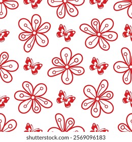 Vector illustration of doodle monochrome red flowers and butterflies seamless pattern. Floral organic background. For textiles, wallpaper and packaging. Transparent background