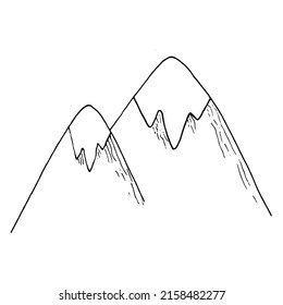 Vector illustration of doodle mountains Hand-drawn landscape sketch of mountains with snow-covered hills, isolated on white