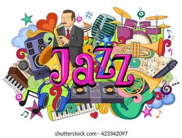 vector illustration of doodle on Jazz Music concept