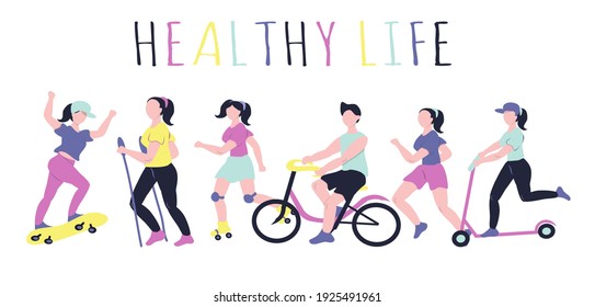 vector illustration - doodle on a sports theme. people are engaged in different sports - running, rollerblading, skate, bicycle, walking, scooter. trending flat illustration for magazines,web, app