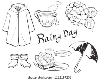 Vector illustration doodle outline ink of object about rainy season set