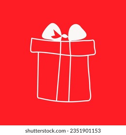 vector illustration doodle outline white contour gift box with bow on red background. Decor for birthday, Christmas, wedding, Valentine's Day. Design for packaging, web, postcards, labels, tags
