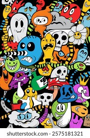 Vector illustration. Doodle pattern with different colored monsters.