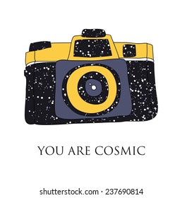 Vector illustration with doodle photo camera and stars. Space theme. You are cosmic.