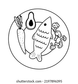 Vector illustration of doodle plate with fish and vegetables in hand draw style.Healthy food concept