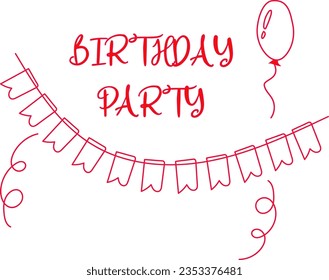 vector illustration doodle red outline holiday flags, balloon and confetti. Birthday decoration. Design for web design, packaging, postcards, flyers, labels