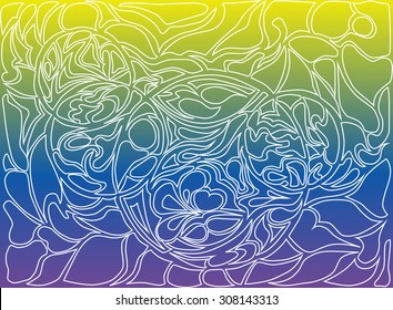 Vector illustration of doodle rounds. Hand-drawn pattern. Stylized background with loops. White drawing on the gradient background. Blue, purple and yellow colors.