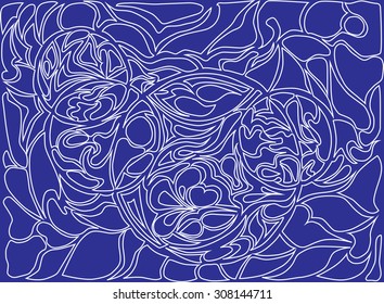 Vector illustration of doodle rounds. Hand-drawn pattern. Stylized background with loops. White drawing on the blue background. 