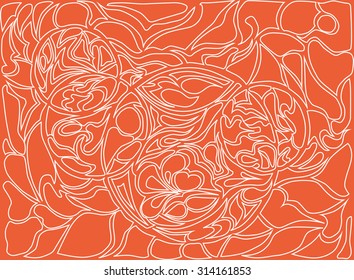 Vector illustration of doodle rounds. Hand-drawn pattern. Stylized texture with loops. White drawing on the bright orange background. 