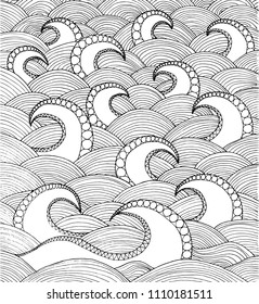 Vector illustration of doodle sea waves. Hand drawing coloirng page book anti stress for adult. Ocean wave.