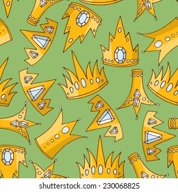 vector illustration. Doodle seamless pattern with golden crowns on green background