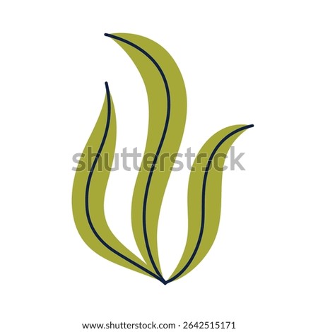 Vector illustration of doodle seaweed icon in flat cartoon style. Underwater plant element for ocean designs, marine biology materials, kids books, aquarium decor, educational and creative projects