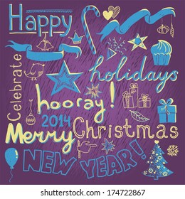 Vector illustration of doodle set about holidays and celebration in blue, yellow and purple