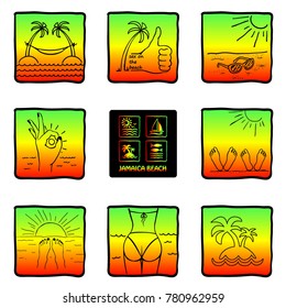 vector illustration doodle, set of beach icons, summer logo, palm, sea, ship.