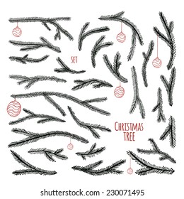 Vector illustration. Doodle. Set of fir branches with Christmas balls.