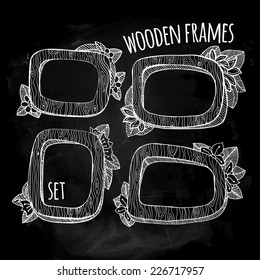 vector illustration. Doodle. Set of four wooden frames on a background of chalk boards