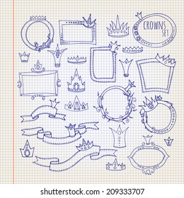 Vector illustration. doodle - set of frames, ribbons and crown on a white background