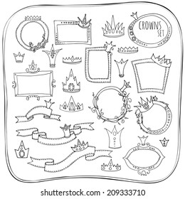 Vector illustration. doodle - set of frames, ribbons and crown on a white background