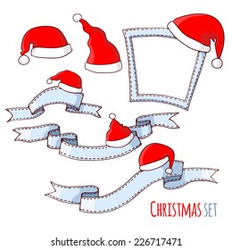 Vector illustration. doodle - set of frames and ribbons, with Santa hats