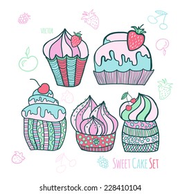 Vector illustration. Doodle. Set of multicolored Cake. Pastel shades. 