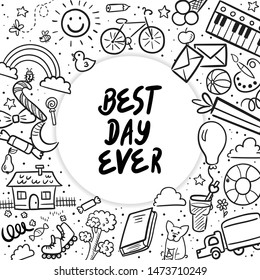 Vector illustration. Doodle set of objects from a child’s life, sketch outline elements. Sweets, toys, bicycle, rollers, rainbow, sun and other elements for you design