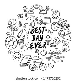 Vector illustration. Doodle set of objects from a child’s life, sketch outline elements. Sweets, toys, bicycle, rollers, rainbow, sun and other elements for you design