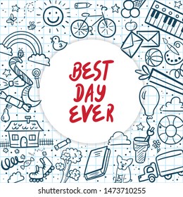 Vector illustration. Doodle set of objects from a child’s life, sketch outline elements. Sweets, toys, bicycle, rollers, rainbow, sun and other elements for you design