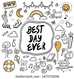Vector illustration. Doodle set of objects from a child’s life, sketch outline elements. Sweets, toys, bicycle, rollers, rainbow, sun and other elements for you design