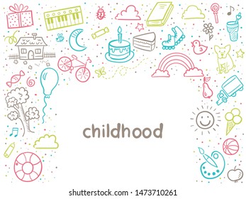 Vector illustration. Doodle set of objects from a child’s life, sketch outline elements. Sweets, toys, bicycle, rollers, rainbow, sun and other elements for you design