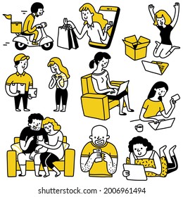 Vector illustration doodle set people shopping online and delivery concept  Various character  multi  ethnic  diversity  people using mobile phone  laptop  tablet pc to shopping online 