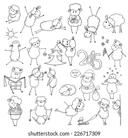 Vector illustration. Doodle. Set of sheep isolated on white background. Black and white.