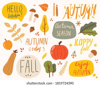 Vector illustration of a doodle set of stickers on the theme of autumn. Inscriptions and objects of nature. Fall decorations.